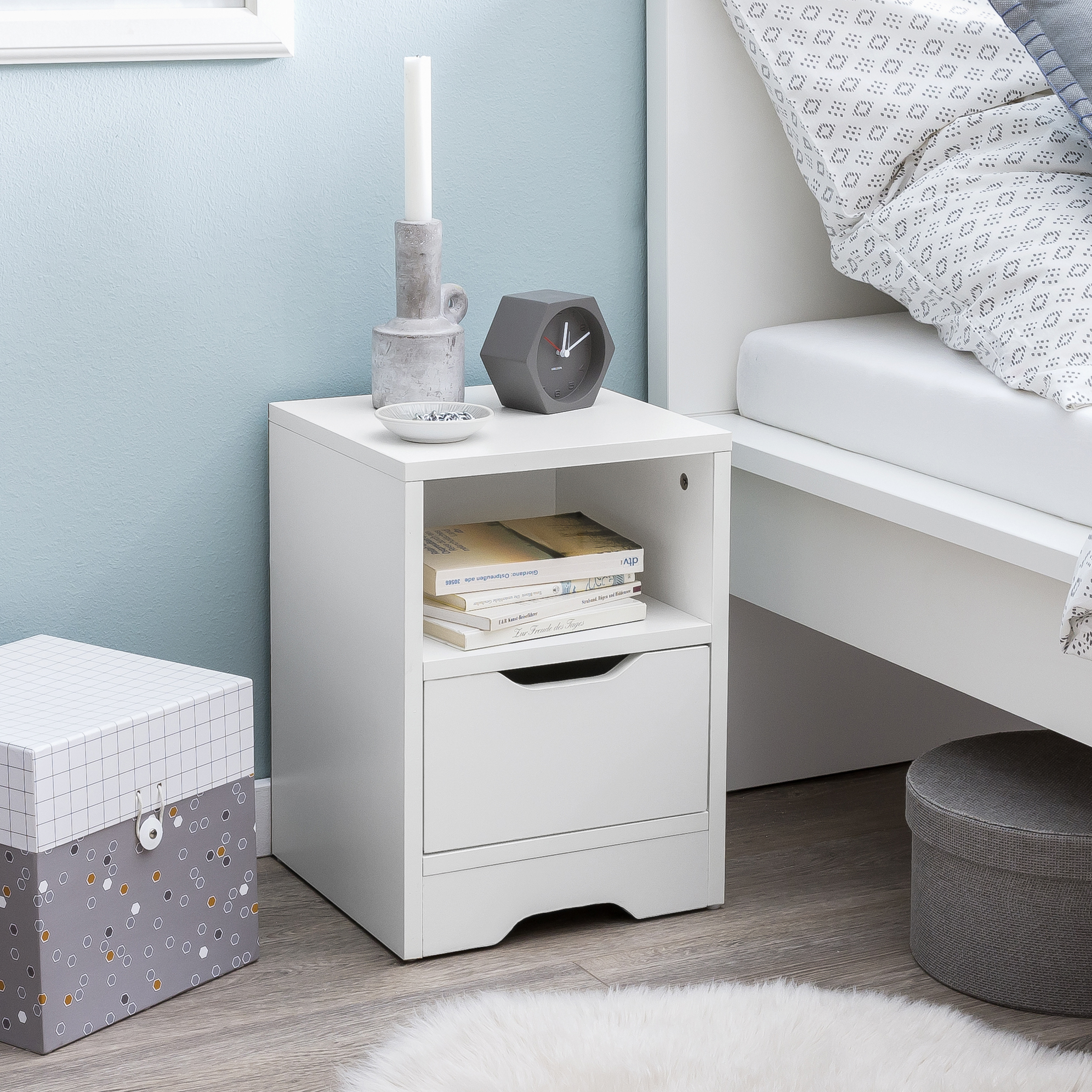 Mesita de noche blanco mate 31x43x31 cm | 1 cajón y compartimento de almacenamiento | Mesita moderna