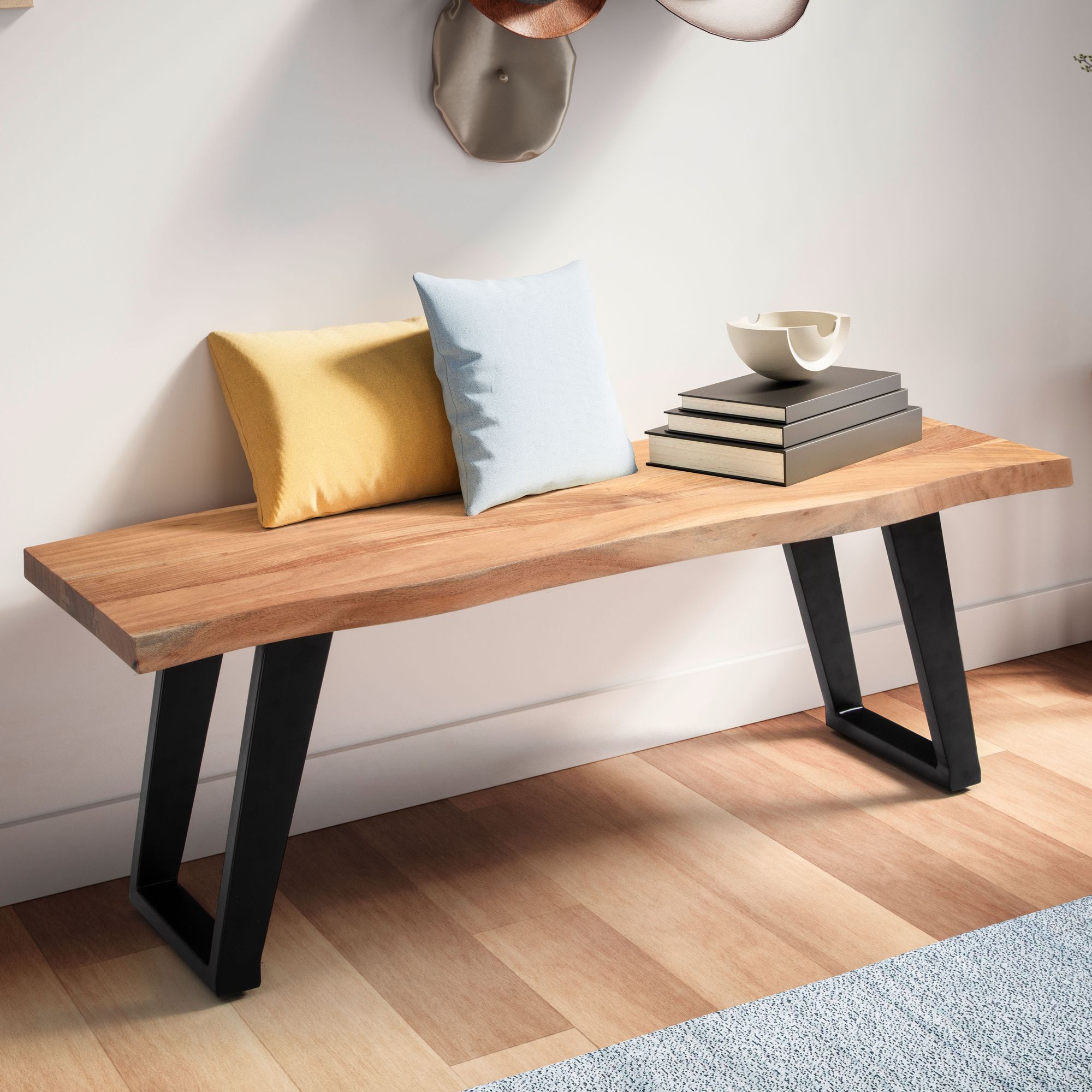 Banco de armario 120x40x45,5 cm madera maciza de acacia / metal con borde de árbol, banco de recibidor banco de madera maciza sin respaldo, banco de recibidor moderno zona de entrada patas en u pequeñas negro