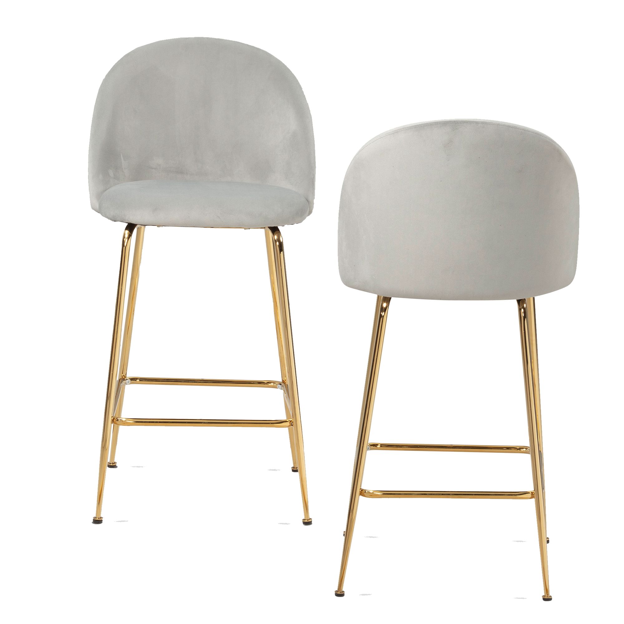 Set de 2 Taburetes de Bar de Terciopelo Gris | Patas Metálicas Doradas | 50x50x102 cm