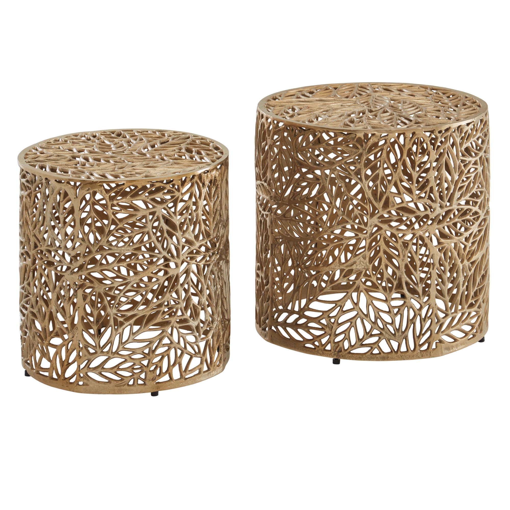 Juego de 2 mesas auxiliares de aluminio dorado | Motivo floral | 41x41x42 cm y 36x36x38 cm