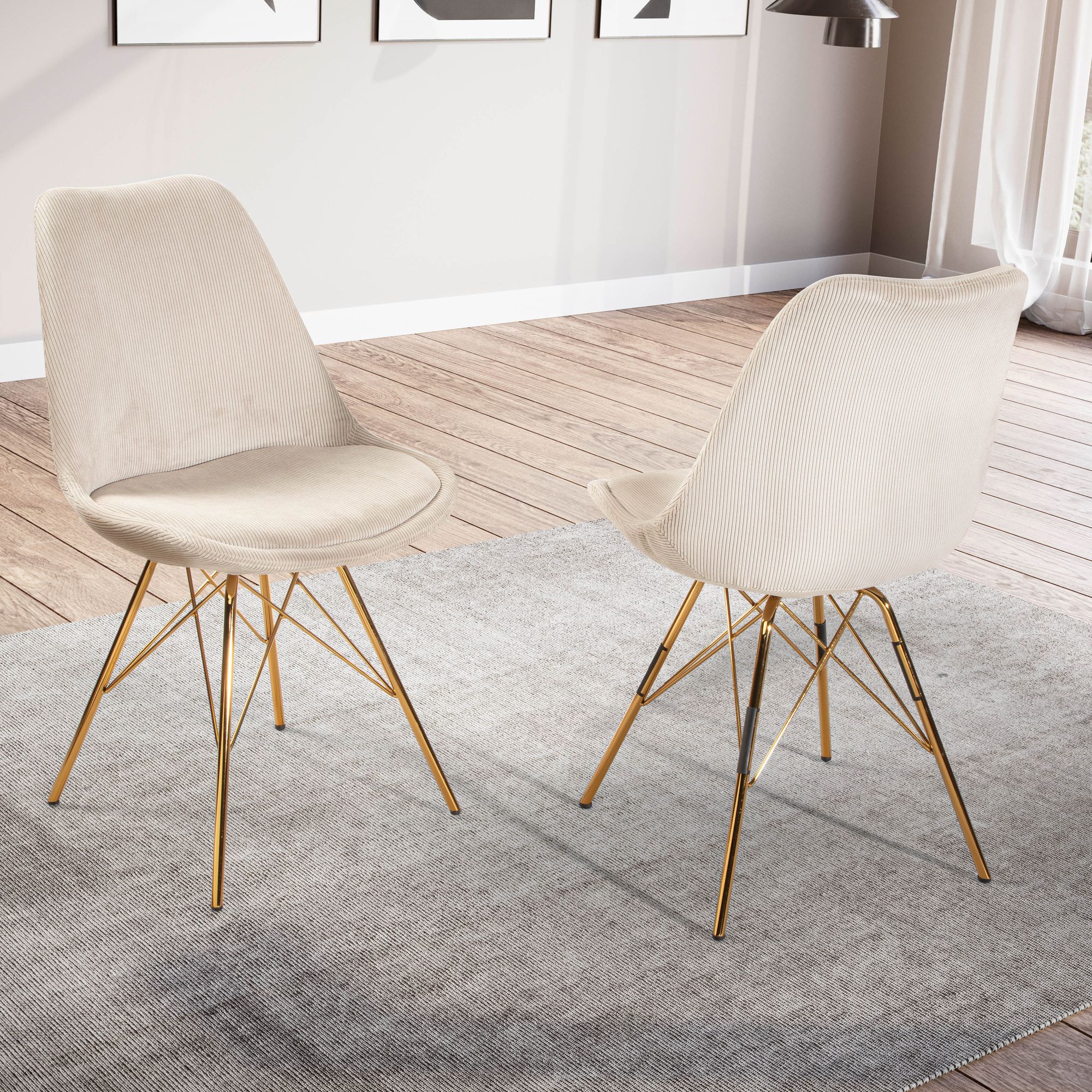 Set de 2 sillas comedor Cara tela beige | Patas metálicas doradas | Diseño escandinavo moderno