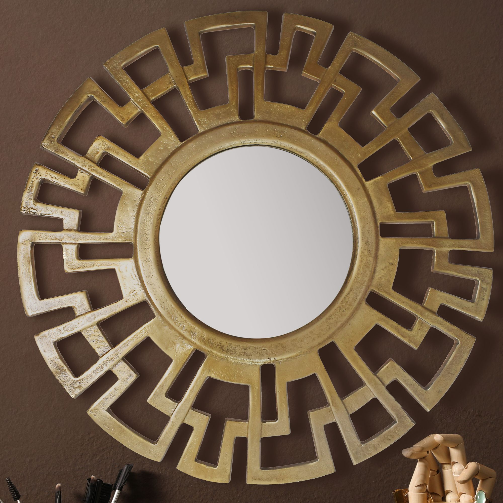 Espejo de pared Art déco | Aluminio dorado | Ø 60 cm