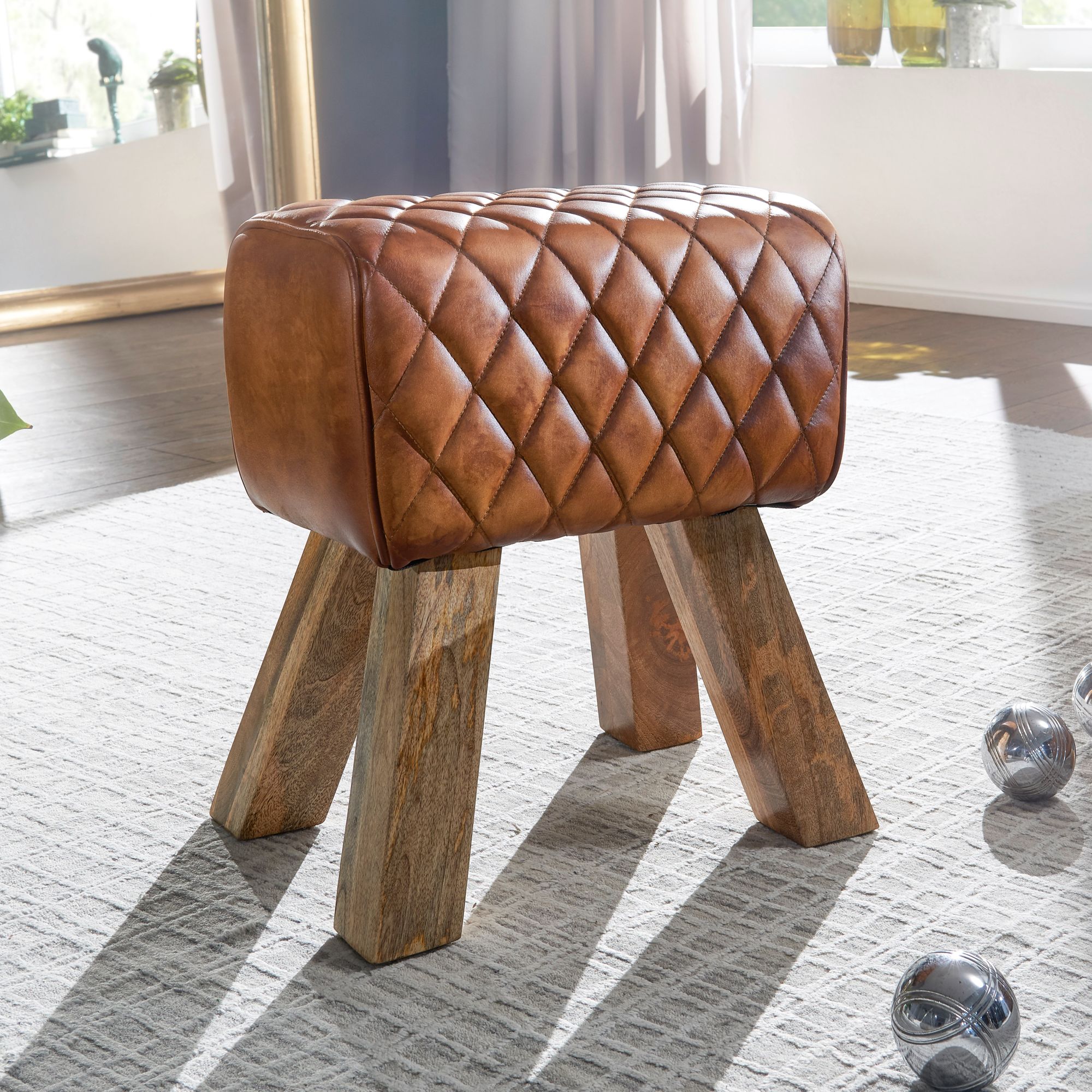 Taburete de cuero genuino / Madera maciza marrón | 40x48x27 cm | Taburete pequeño acolchado