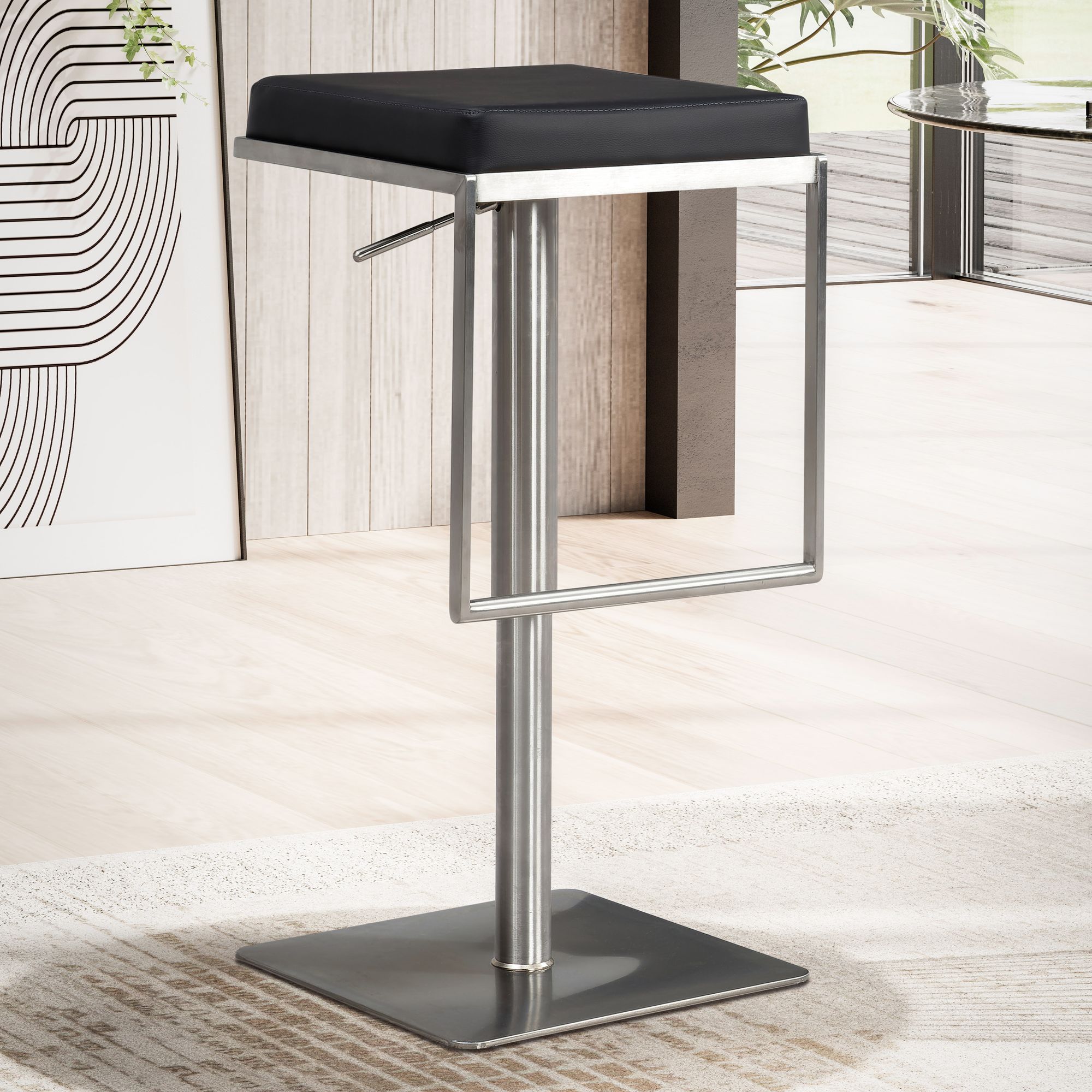 Taburete de bar negro de polipiel con estructura de acero inoxidable | Diseño moderno | Asiento acolchado y regulable (73-91 cm)