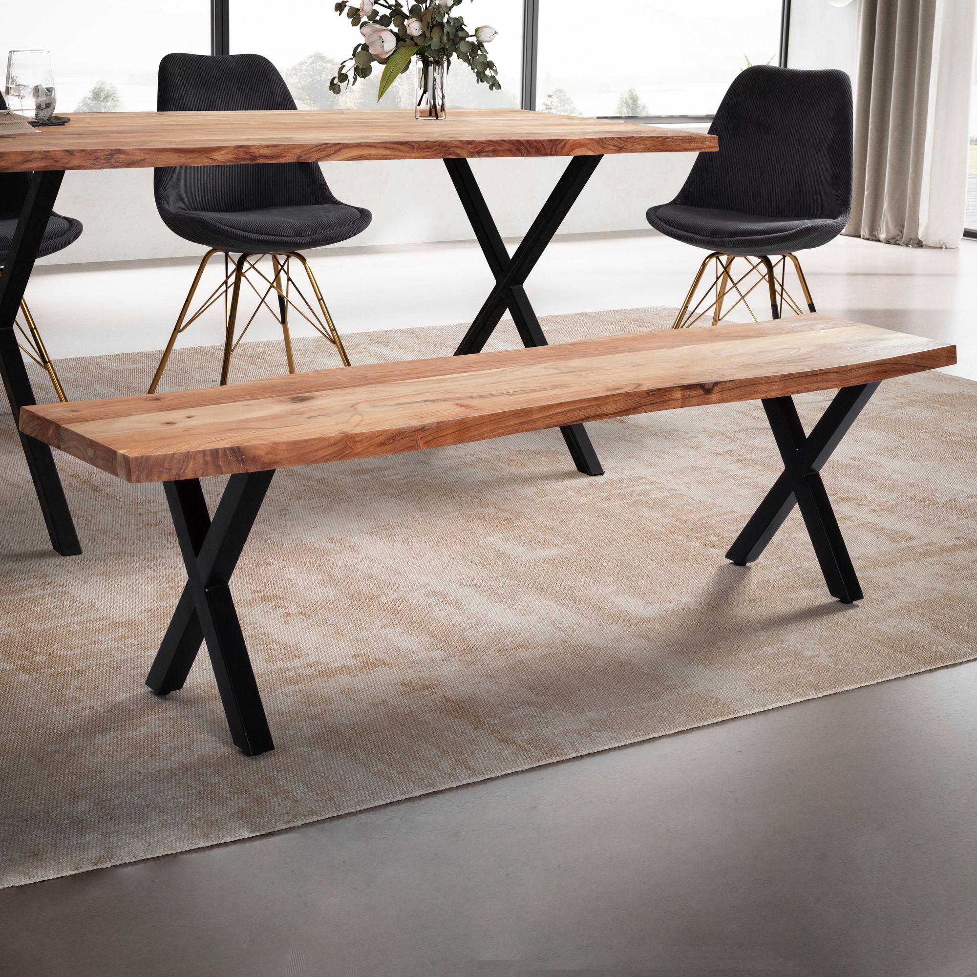 Banco de comedor 120x40x45,5 cm | Madera maciza de acacia | Metal negro mate | Diseño borde natural con patas en X Banco de comedor 120x40x45,5 cm | Madera maciza de acacia | Metal negro mate | Diseño borde natural con patas en X