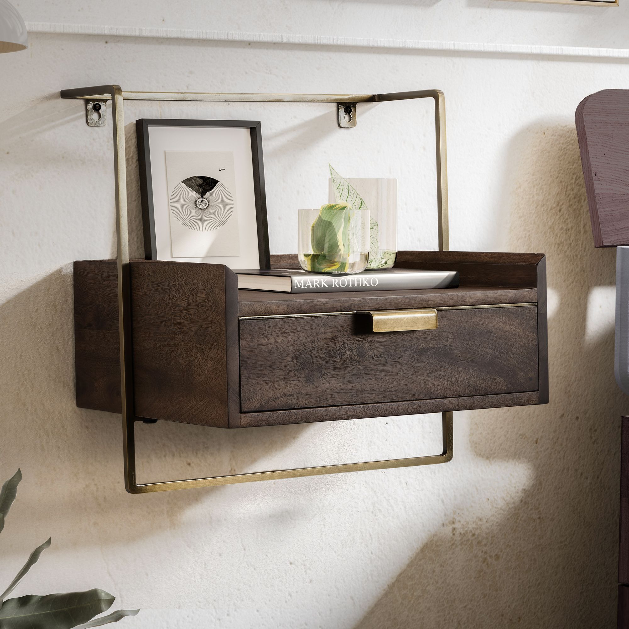 Mesita de noche de pared | Madera maciza de mango marrón oscuro con cajón | 44x45x35 cm