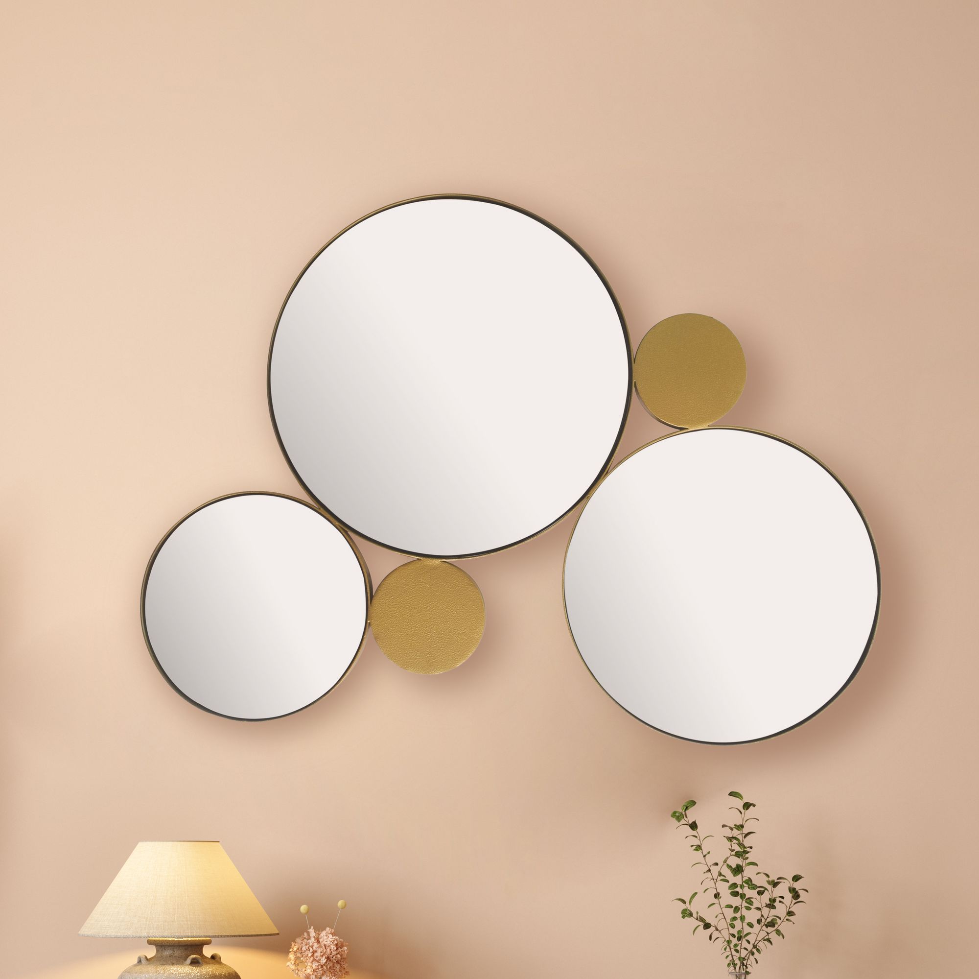 Espejo de pared metálico dorado | 80x60 cm | Tres espejos redondos con círculos decorativos