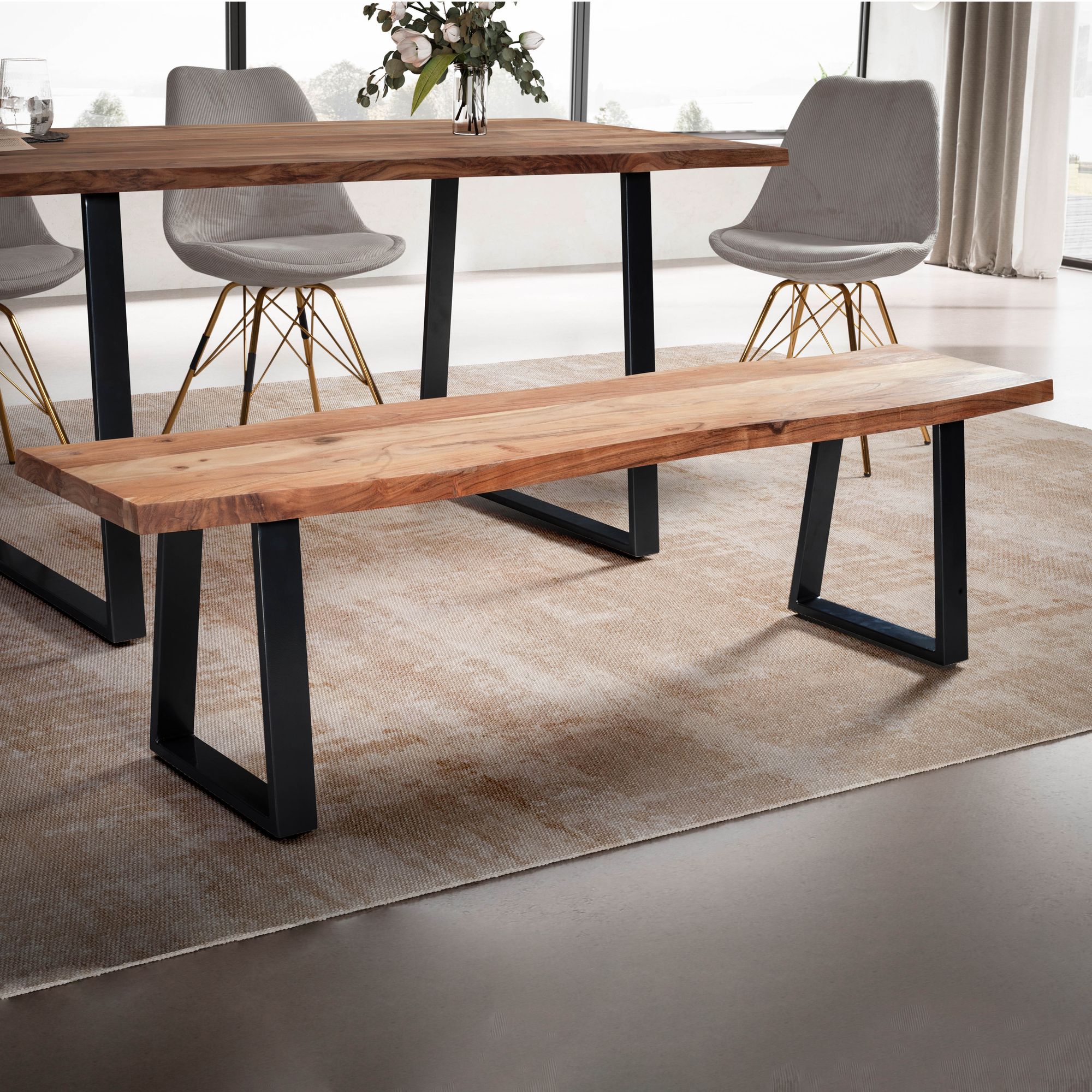 Banco de Comedor 140x40x45,5 cm Madera Maciza de Acacia | Color Dorado Claro | Patas de Metal Negras Banco de Comedor 140x40x45,5 cm Madera Maciza de Acacia | Color Dorado Claro | Patas de Metal Negras